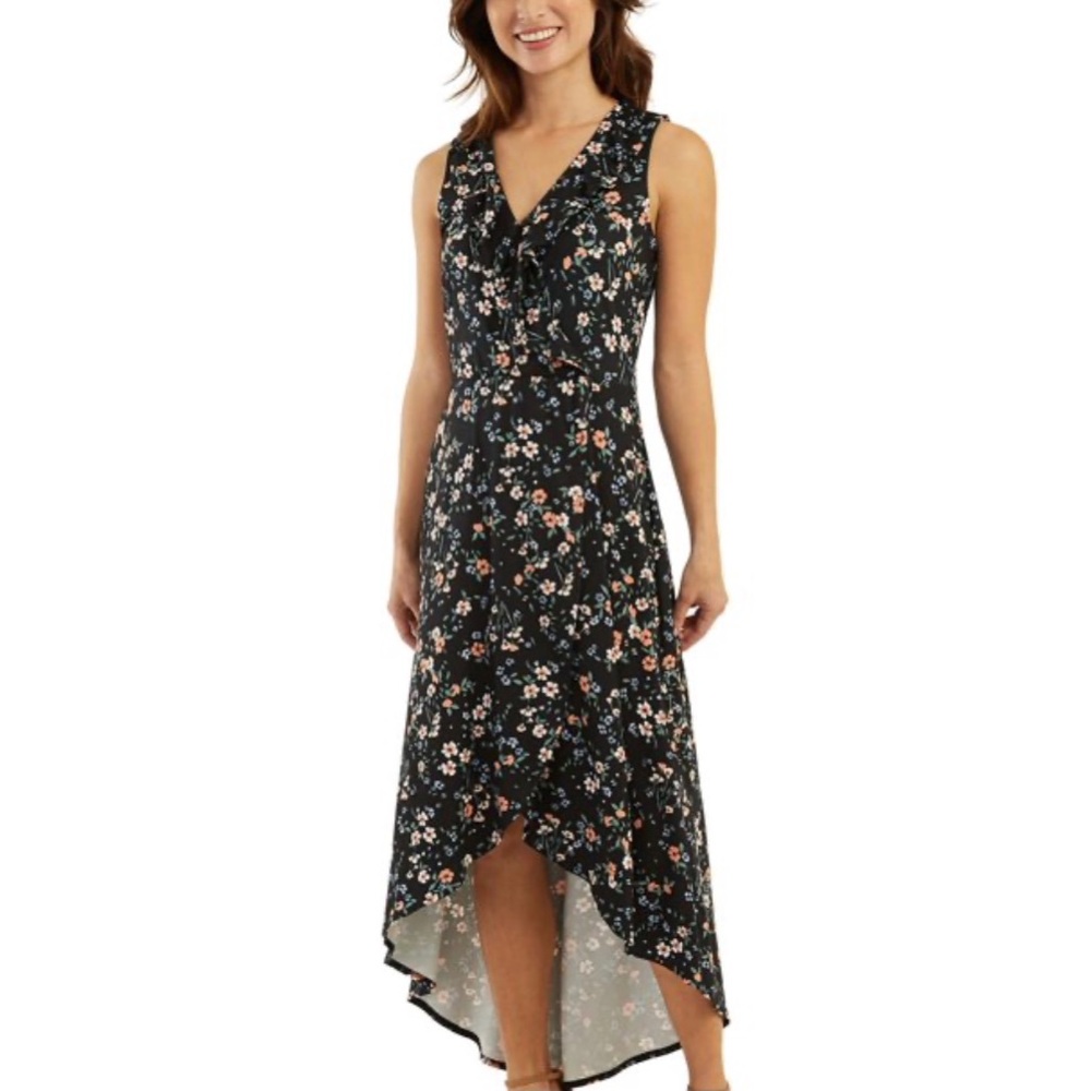 BCX Dress Ruffle Neck High-Low Black Floral Knit Dress